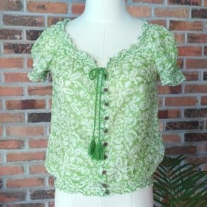 Ann Taylor LOFT Petites Linen Weave Cinch Waist Cotton/Silk Lime Blouse XS B3